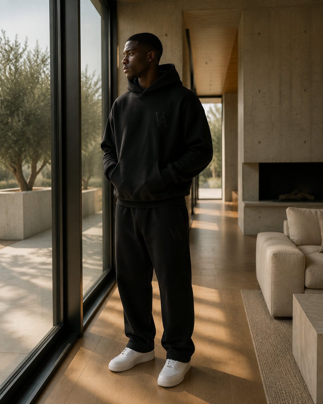 The VAELO Foundation set in Washed Black worn beside a floor-to-ceiling window in a luxury interior.